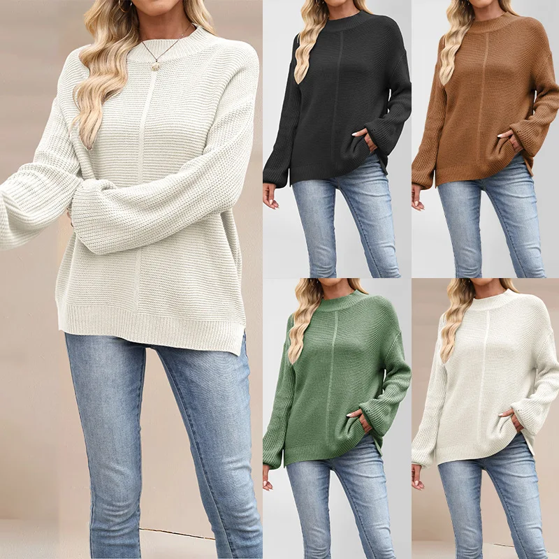 

2025 New Autumn Winter European and American Style Women's Sweater Solid Color Half Turtleneck Loose Pullover Knitwear