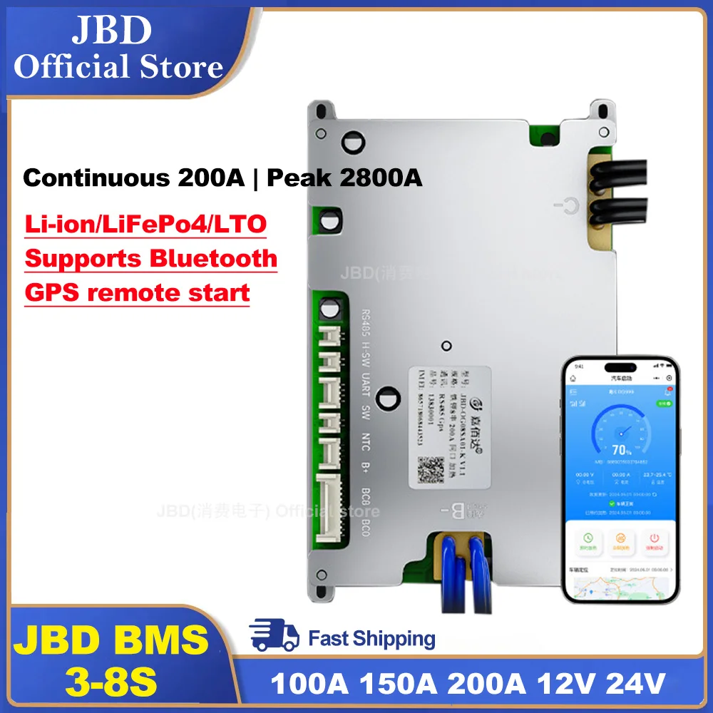 

JBD Smart BMS 3-8S 12 В 24 В 150 А 200 А Плата защиты литиевой батареи большого тока LiFePo4 LFP Peak900A Баланс BT 4G-GPS RS485