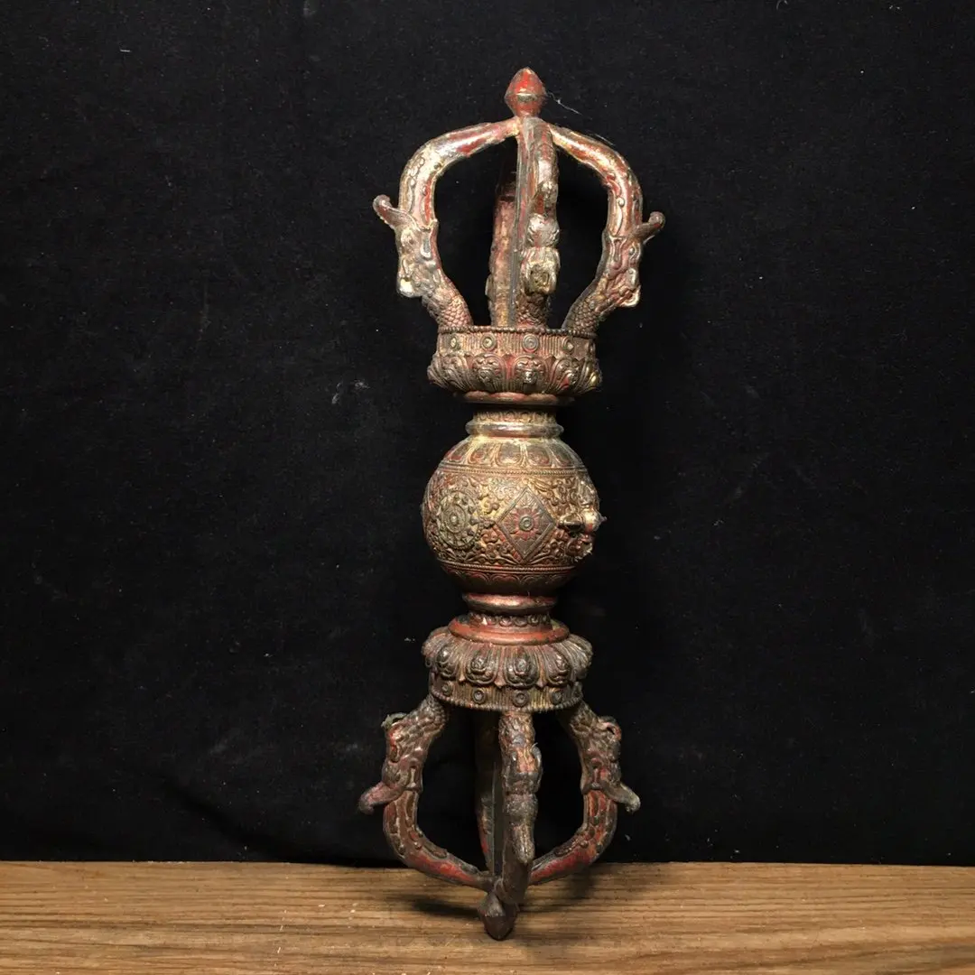 28cm Tibetan Bronze Carved Clay Gold Detached Gold Five legged Duojie Vajra Pestle Buddha Hall Decoration