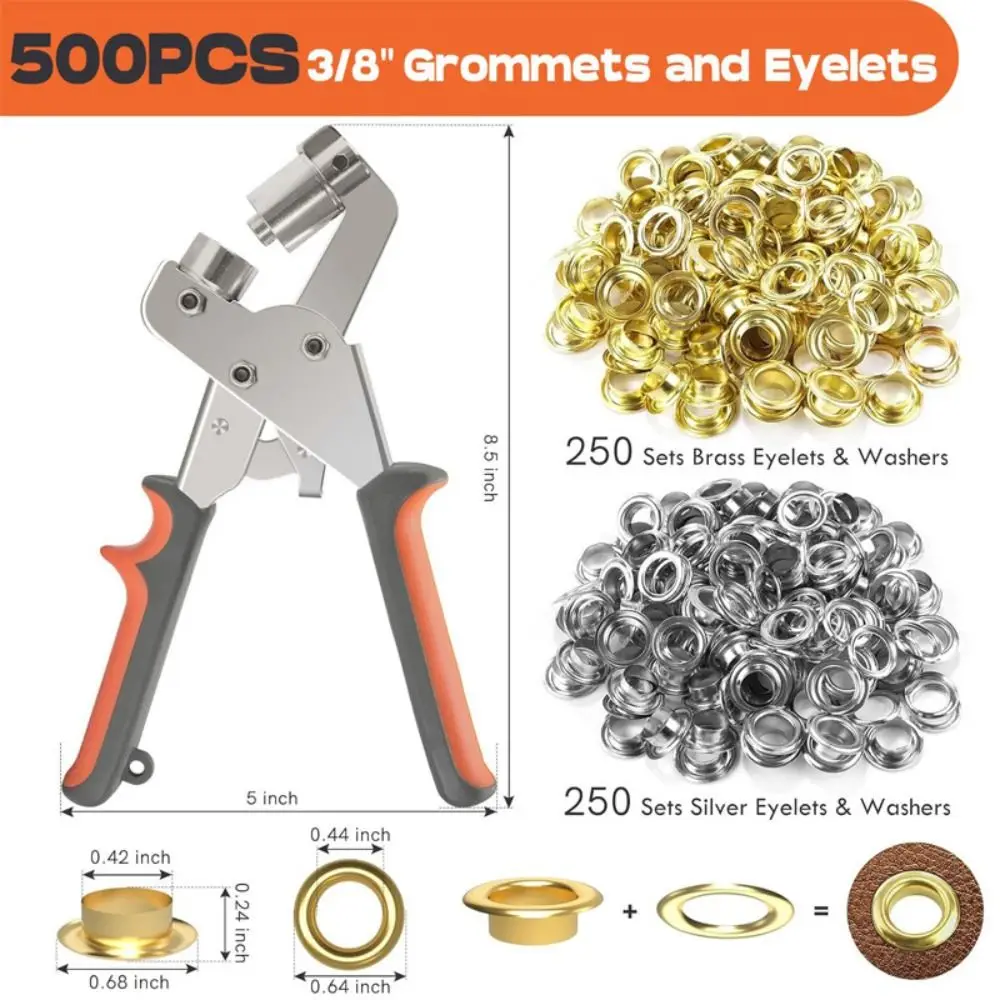 3/8'' 10mm Size Metal Eyelets Kit Metal Material Punch Pliers Manual Puncher with 100 Eyelets Leathercraft
