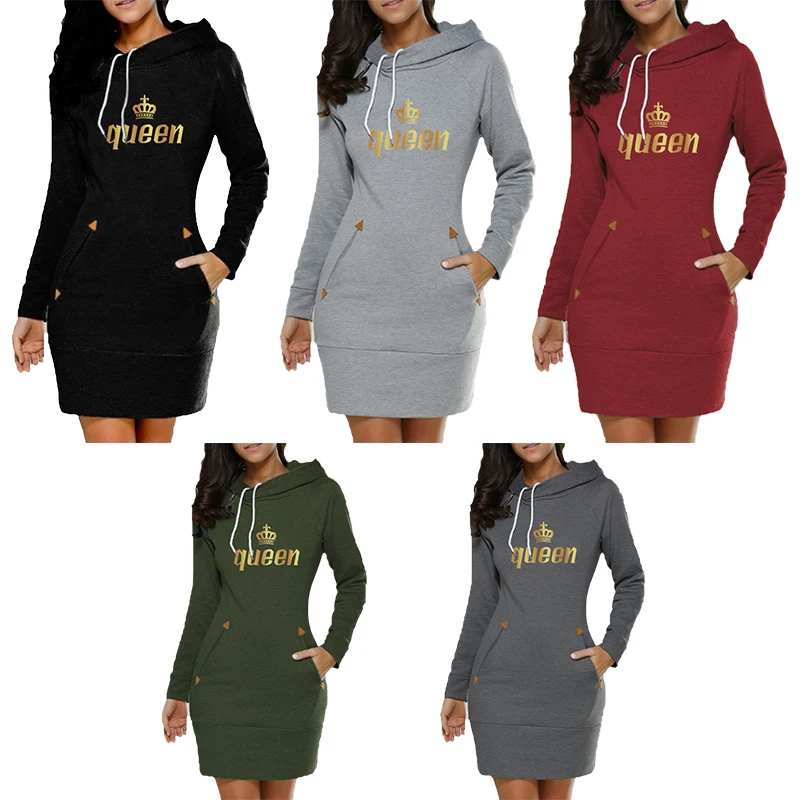 

2023 New Queen Printed Women Sweater Dress Long Sleeve Hoodie Dress Autumn Winter Casual Slim Sweater Hooded Dress