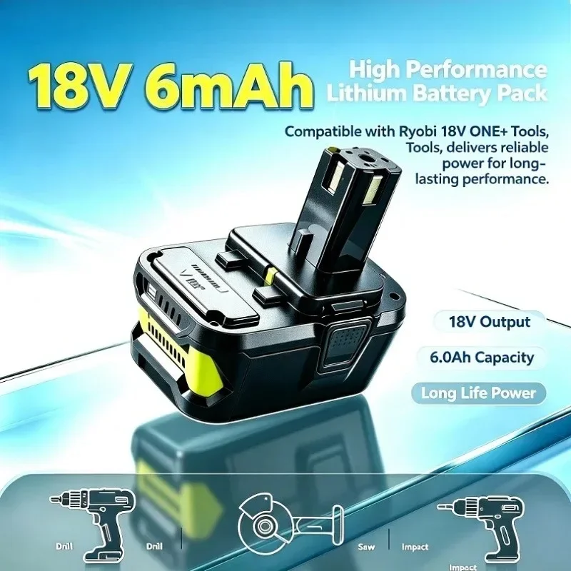 Batterie Li-Ion 18V 6Ah pour outils électriques RYOBI P108 P104 P107 RB18L50 RB18L20 Haute performance