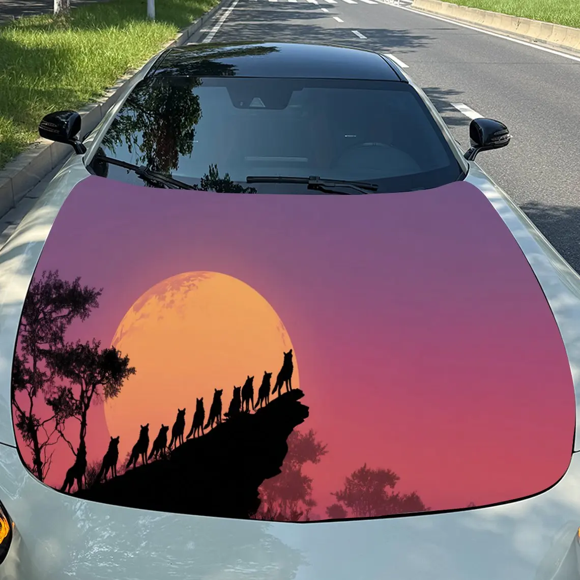 

Lively Sunset Wolf Pack Auto Cover Sticker, Waterproof and Self-adhesive Auto Hood Decal, Auto Vinyl Wraps, Cool Car Exterior De