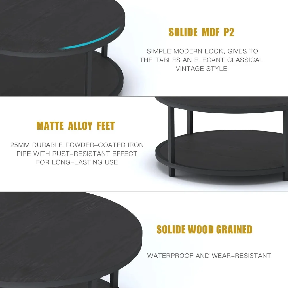 Round Coffee Table, 36" Rustic Wooden Surface Top & Sturdy Metal Legs Industrial Sofa Table for Living Room Modern Design Home