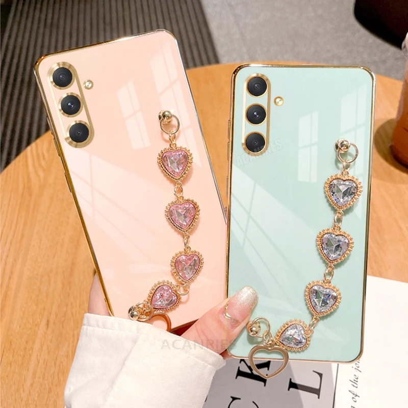 A 15 25 35 55 Luxury Chain Case For Samsung Galaxy A15 A25 A35 A55 A05s A16 M55 M14 Plating Silicone Wrist Cover S24 Fe S25 Plus