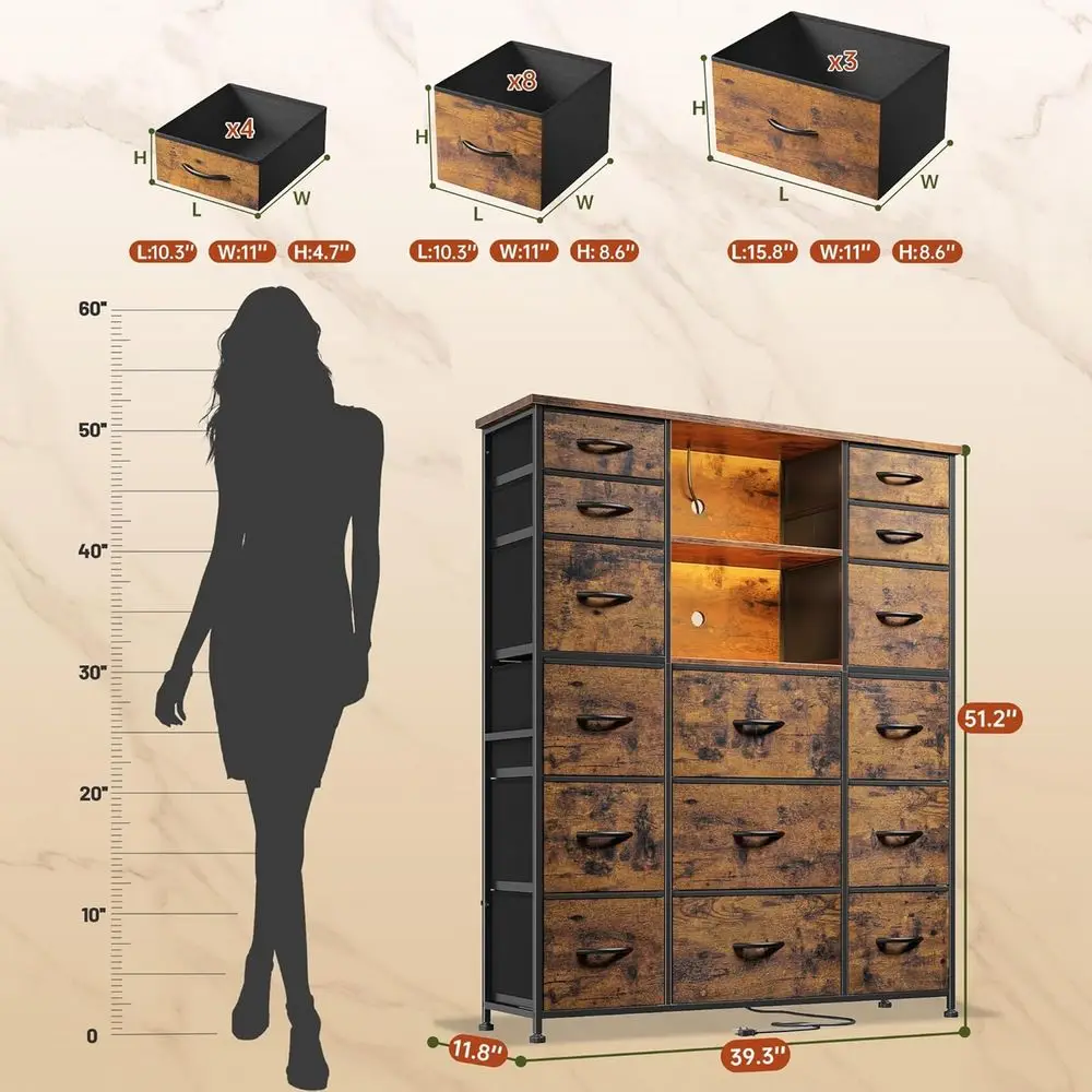 DAFIFY Comò con 15 cassetti, stazione di ricarica e luci a LED, tessuto robusto, struttura in acciaio, marrone rustico, 51,2 A x 39,3 L x 11,8