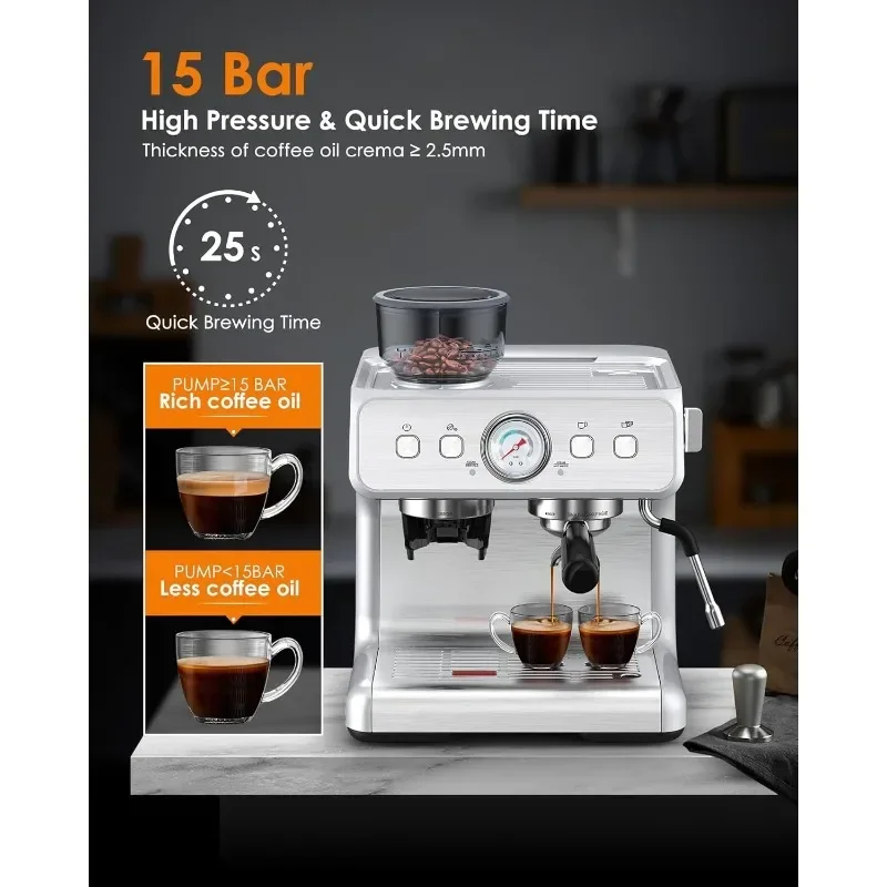 Espresso Machine,15 Bar Professional Espresso Maker with Coffee Bean Grinder Milk Frother,Coffee Machine