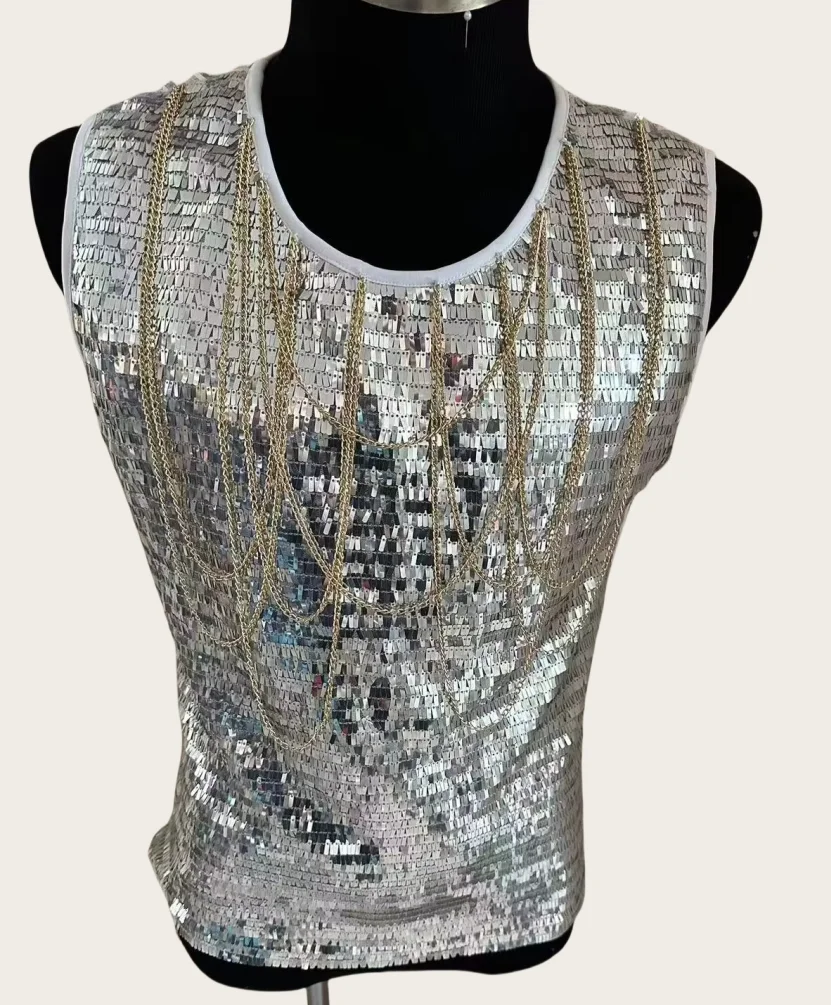 New Men's Silver Tassel Chain Tank Top Party Theme Stage Costumes Nightclub Male Singer Dancer Performance vest