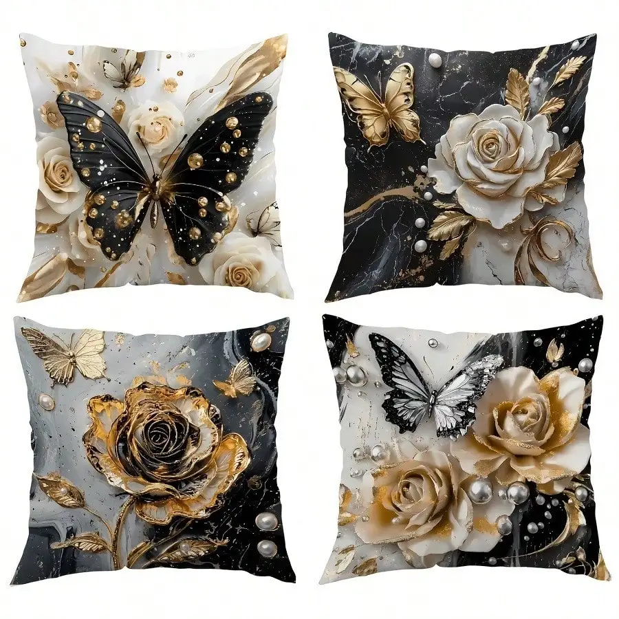 4pcs Elegant Gold Floral & Butterfly Pillow Covers – Luxurious Soft Cushion Covers for Farmhouse, Living Room, Bedroom & Sofa