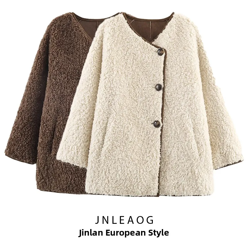 

JNLEAOG Autumn New Women's Street Sle Lamb Fur Suede Jaet Loose One-Piece Windproof Long Sve V-Ne Polyester Fiber