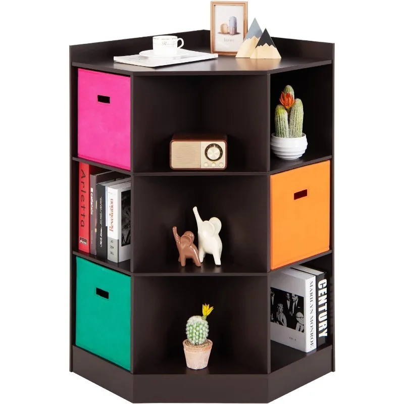 

9-Cubby Kids Bookcase with Large Storage Bins, Children's Corner Cabinet with 6 Cubes and 3 Shelves, Wooden Toy Organize