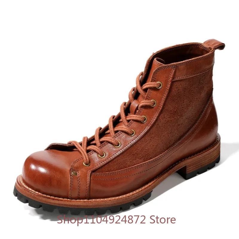 American Retro Work Genuine Leather Boots Men's High Top Paratrooper Motorcycle Knight Ankle Boots Male Youth Hiking Outdoor