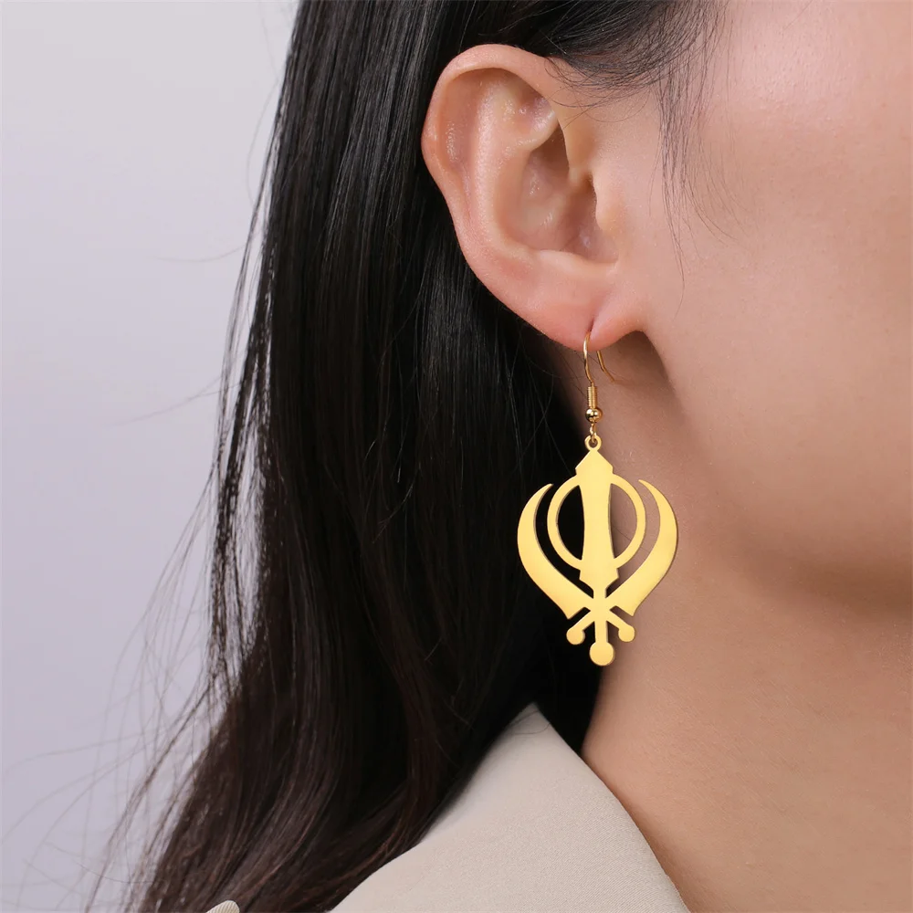 Vintage Sikhism Symbol Religion Drop Earrings Pendant Women Stainless Steel India Pakistan Malaysia Earrings Religious Jewelry