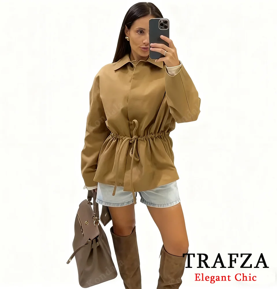 

KONDALA Autumn Women Commute Casual Jacket Lapel Waist Drawstring Jacket 2025 Spring Fall Fashion High Street Vintage Lady Jacke