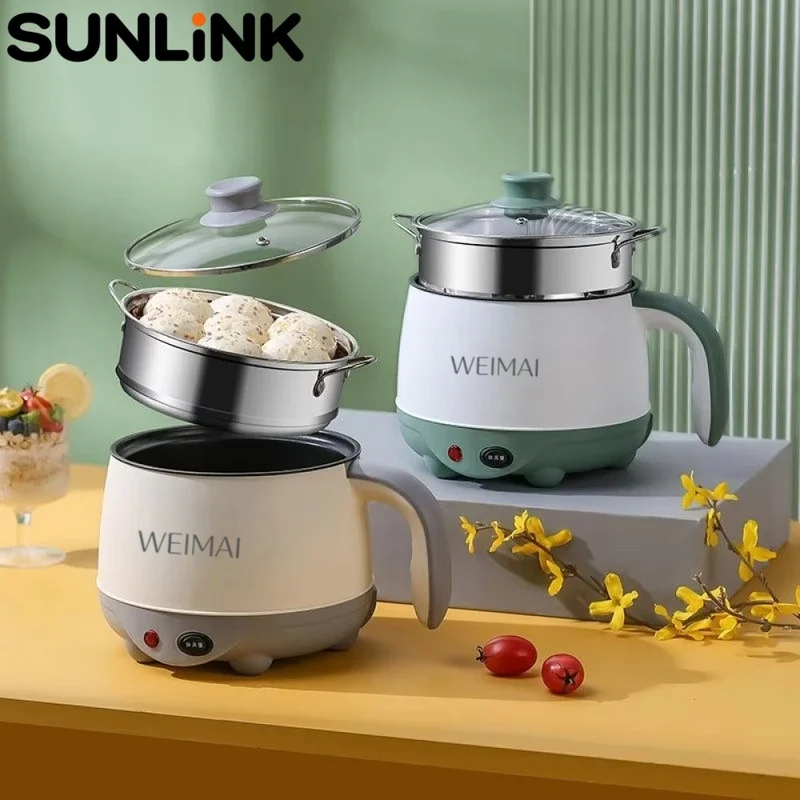 1pc 220V Mini Electric Cooker with Steamer 1.8L Multifunctional Non-Stick Hot Pot for Dorm Home Kitchen Soup Boil Fry