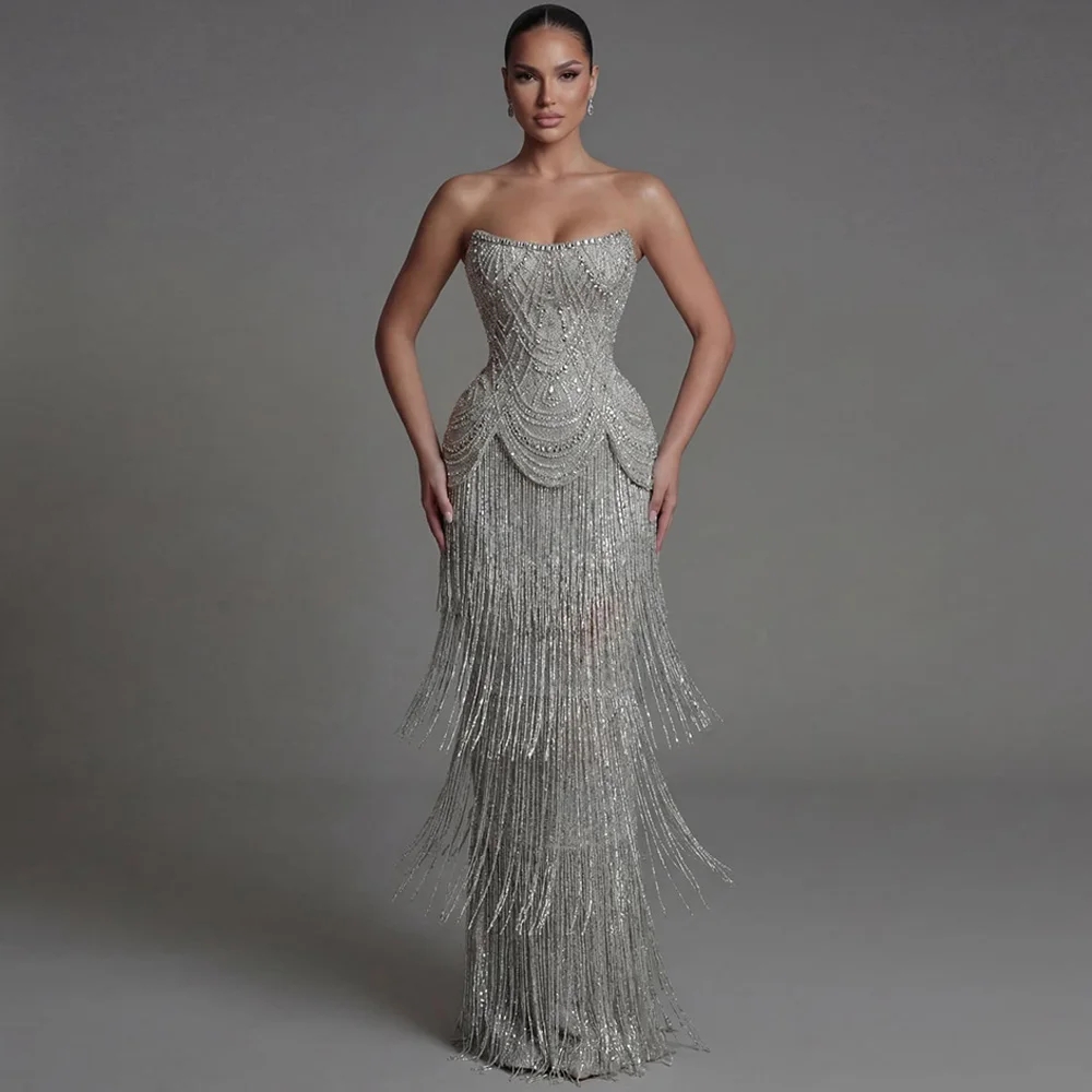 Temperament Mermaid Jersey Evening Dress Luxury Tassel Beading Customized Robe de soirée High Quality Crystal Celebrity Gowns