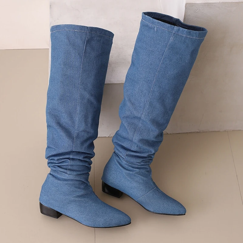 Reave Cat Brand Pleated  Knee Boots 3cm Heel Round Toe Slip On Blue Black Big Size 46 47 48 US15 US16 US17