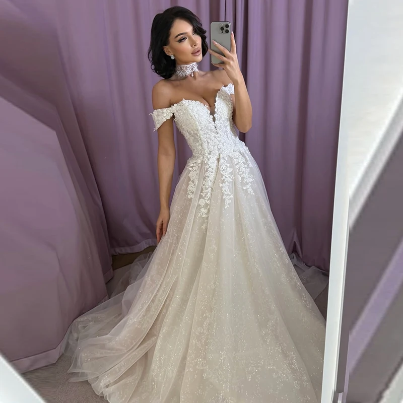 Off The Shoulder Weddingdress Bride Organza With Embroidery Lace A-Line Floor Length Ballgown Sleeveless V-Neck Customized Bride