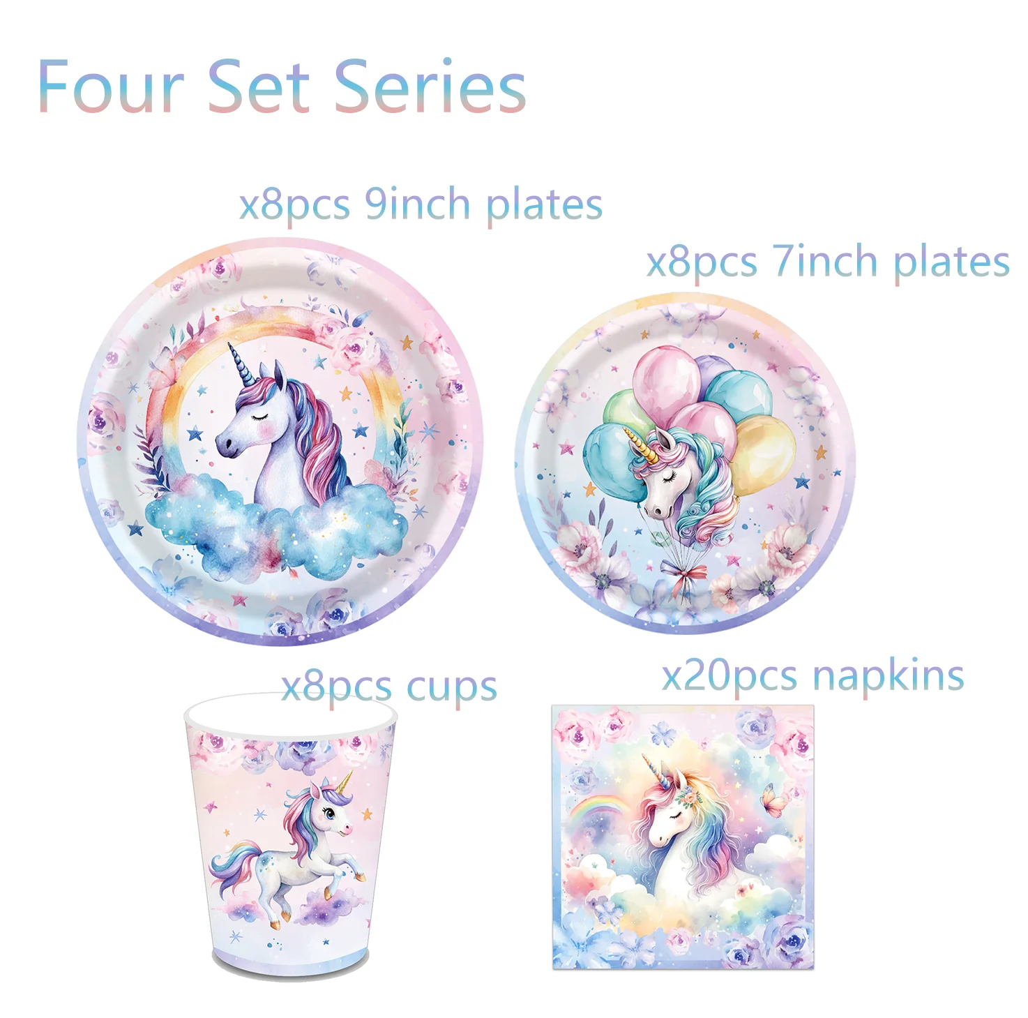 Einhorn Einweggeschirr Teller Servietten Tischdecke Cupcake-Ständer für Geburtstagsdekoration Partyzubehör – Detail 3