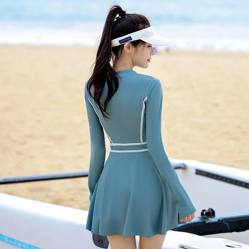 Women Long Sleeve Front Zipper Water Sports Beach Surfing SwimSuit One Piece Quick-Drying Push Up Swim Skirts Bathing Wear