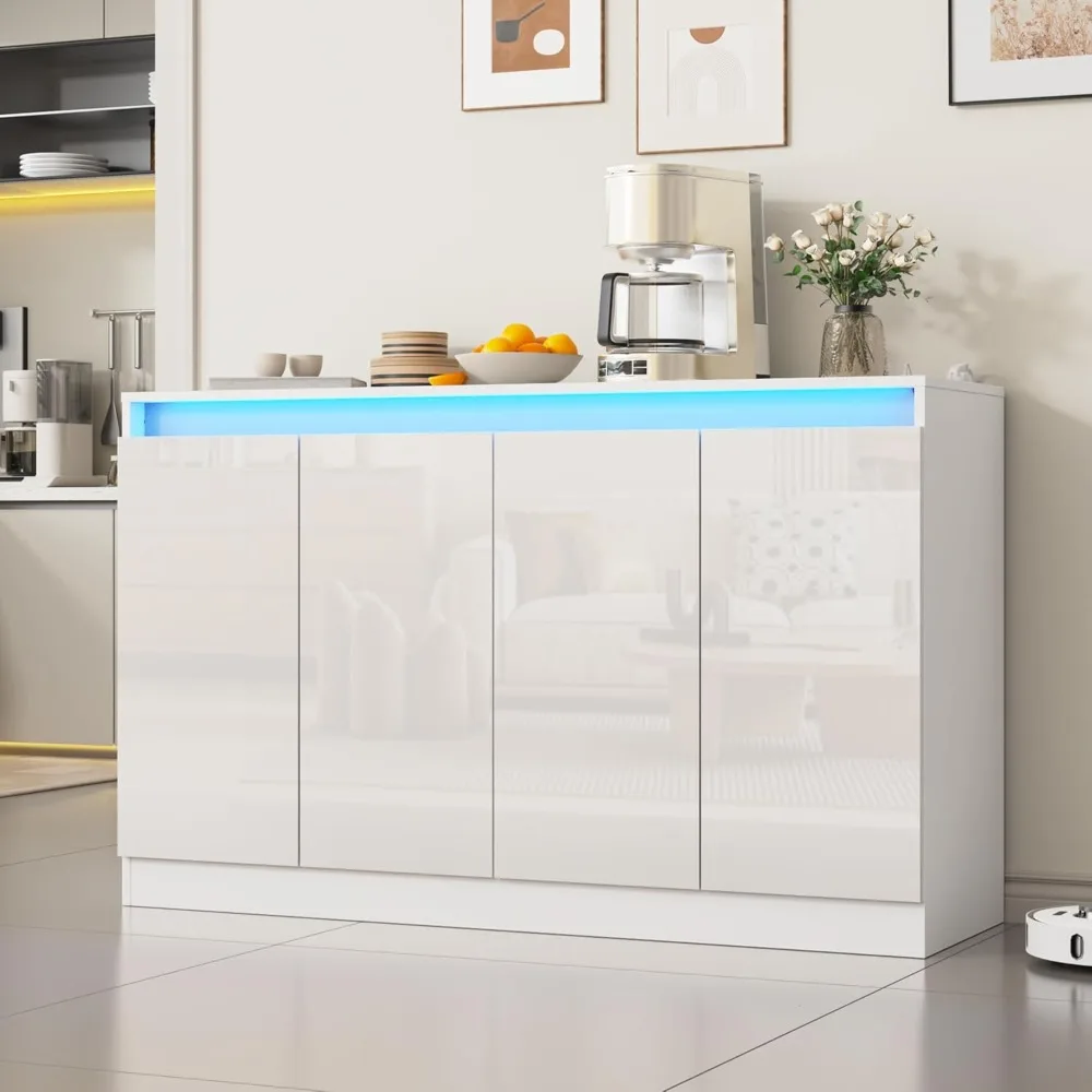 خزانة بوفيه مقاس 51 بوصة مع 4 أبواب، وخزانة قهوة جانبية عالية اللمعان مع أضواء LED، وكابينة تخزين جانبية حديثة بدون يد