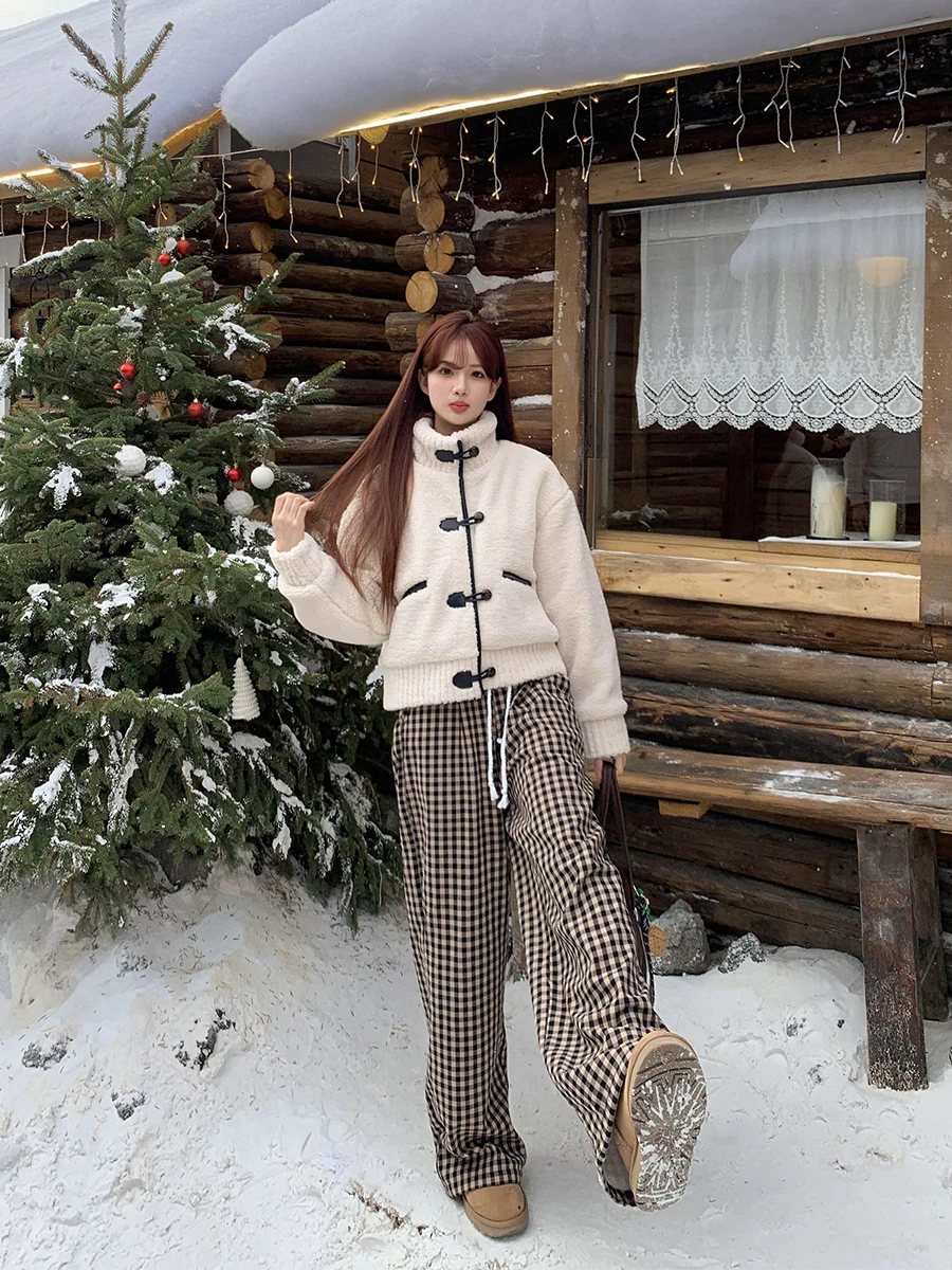 Jaqueta de lã de cordeiro feminina roupas de inverno mulher lona estilo do ensino médio botão detalhe frontal fantasia moda todos os dias ao ar livre pesado gf