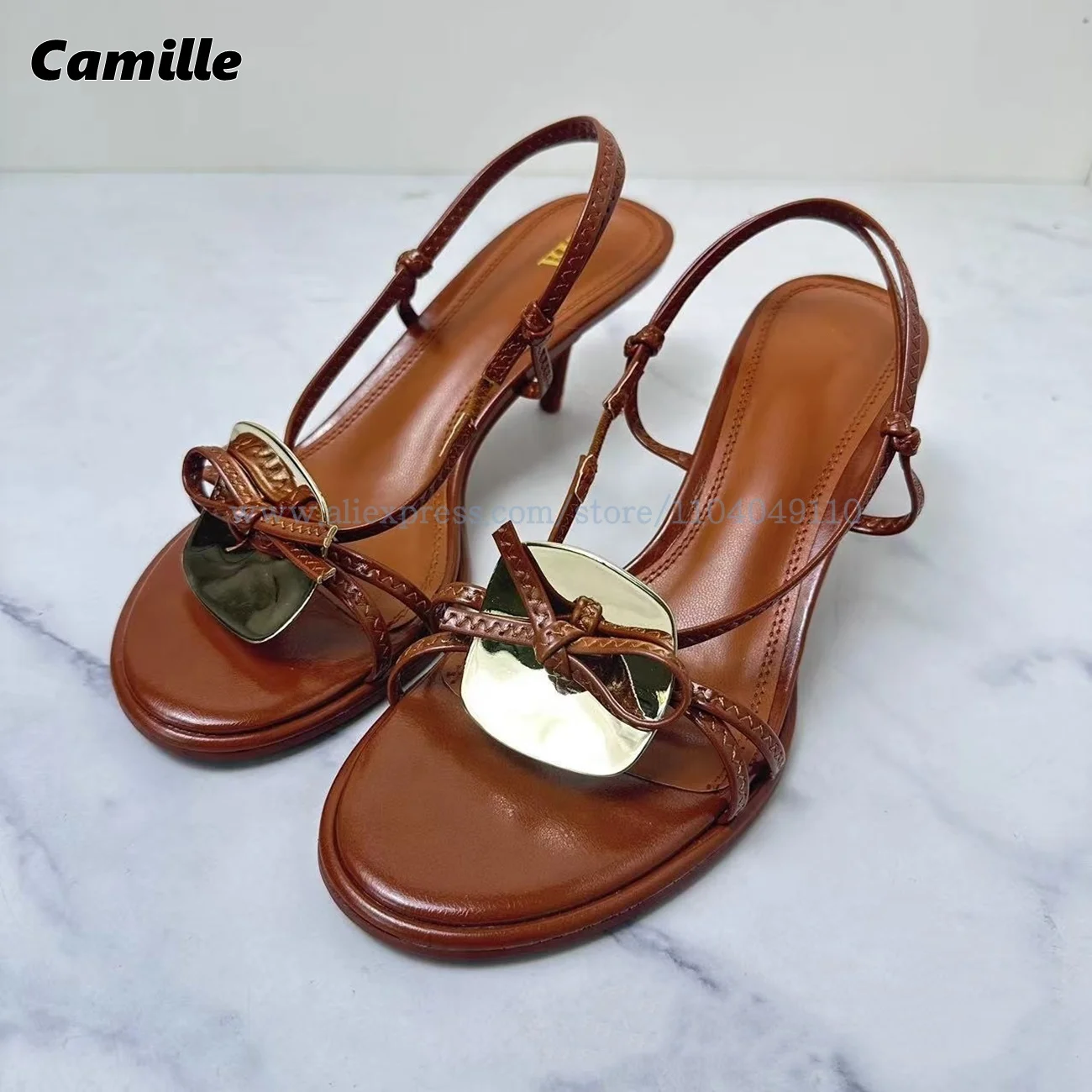 Retro Butterfly Knot Elastic Band Mid Heel Sandals Size 35-42 Back Strap Metal Decoration Sexy Sandals Open Toe Grace Party Shoe