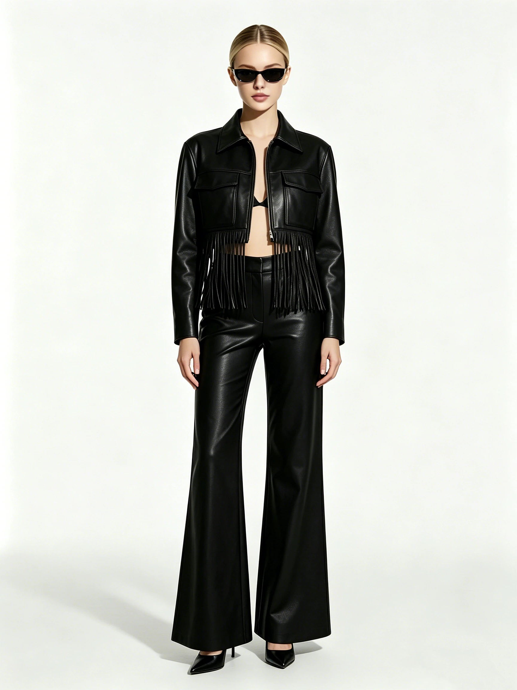 Women's Faux Leather 2-Piece Set with Fringe Detail Cropped Jacket and High-Waisted Flare Pants
