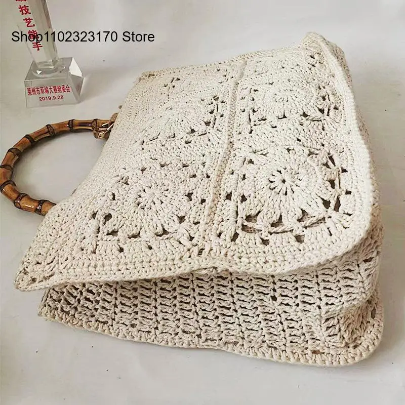 Casual Vacation Beach Crochet Patchwork Hand-Held Cotton Thread Bag