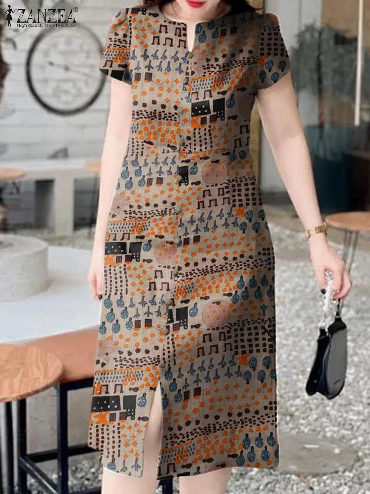 

2024 ZANZEA Summer Long Robe Women Bohemian Printed Midi Sundress Casual Loose Dress Fashion V-neck Short Sleeve Buttons Dresses