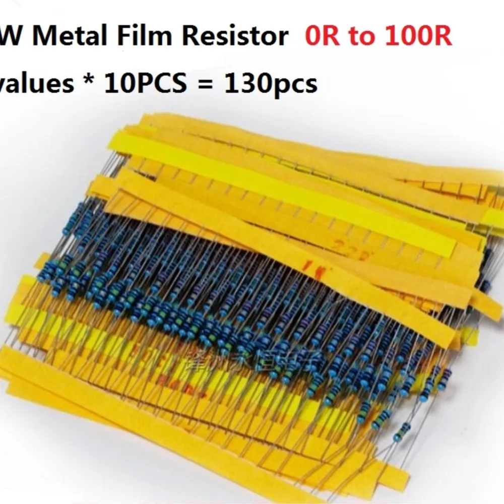 13values*10PCS=130PCS  1/4W 5% Metal Fillm Resistor Kit Set 0 ohm-100 Ohms 0R To 100R Assorted Assortment 1R 2.2R 4.7R 5.1R Pack
