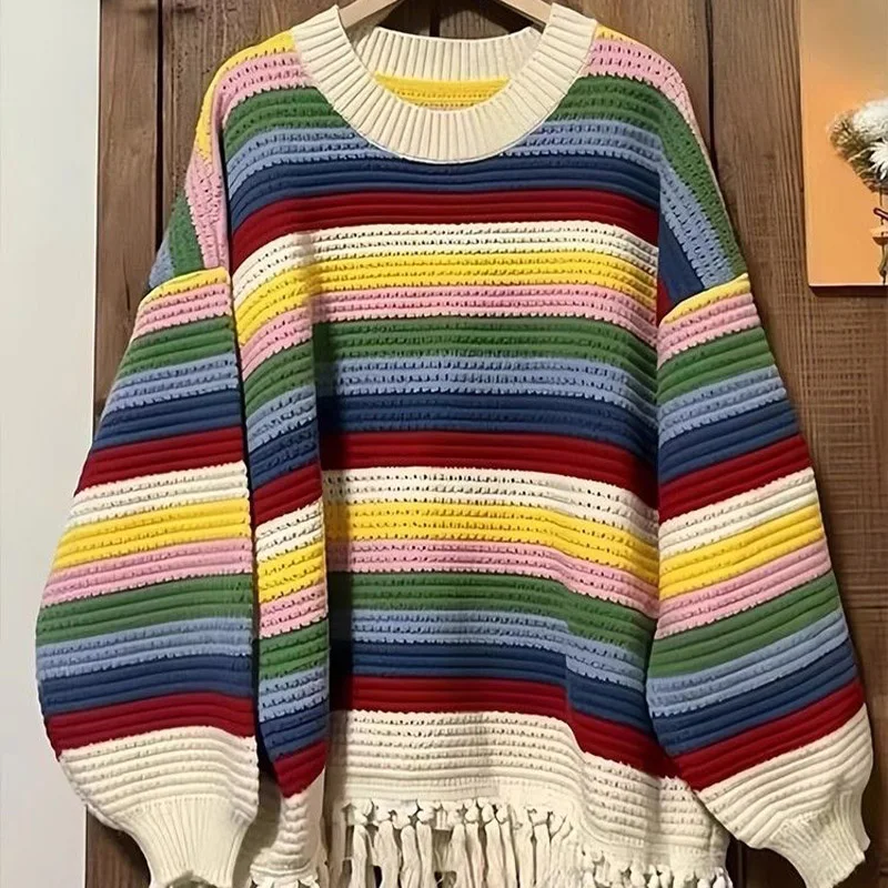 Rainbow Stripe Long Sleeve Knitted Sweater for Women's Autumn Winter New Korean Edition Loose Slimming Casual Trendy Sweater Top