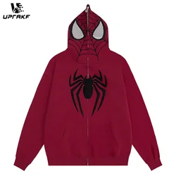 UPRAKF Full Zipper Up Spider Mask Men Hoodie Streetwear Spider Web Graphic Harajuku Long Sleeve Fashion Oversized Hoodie Men's