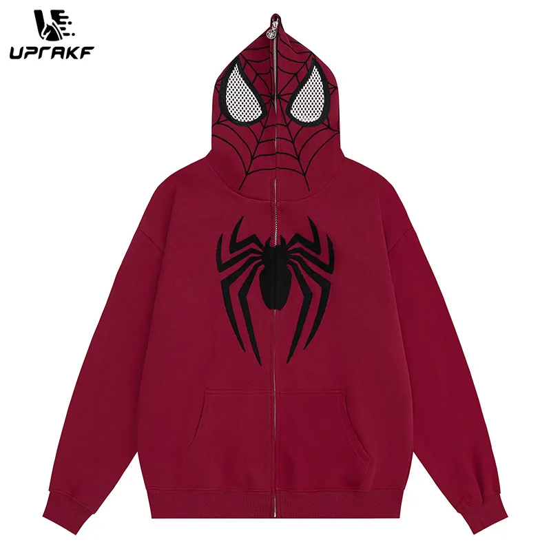 UPRAKF Full Zipper Up Spider Mask Men Hoodie Streetwear Spider Web Graphic Harajuku Long Sleeve Fashion Oversized Hoodie Men's