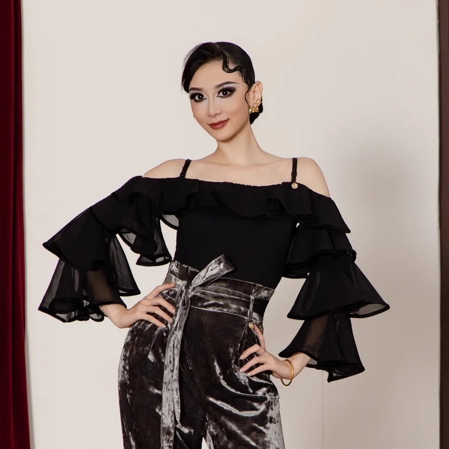 Roupas de dança moderna sexy malha fora do ombro plissado topo chacha tango valsa latina trajes prática dança de salão usar dn22223