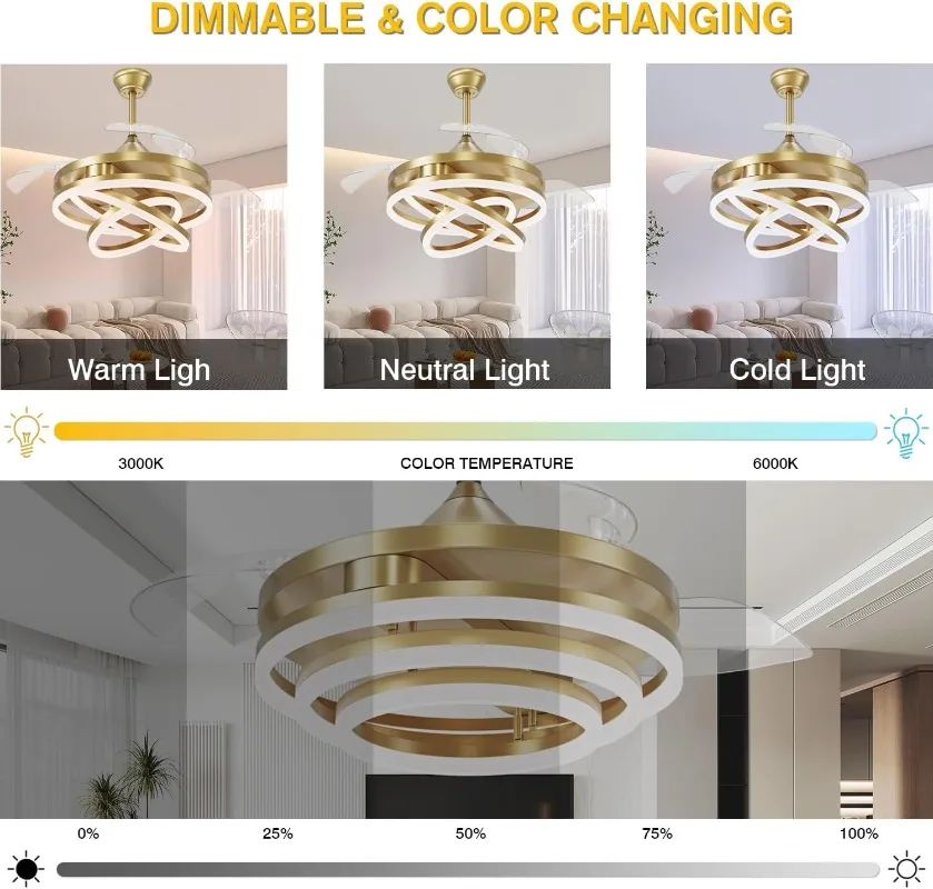 مروحة سقف قابلة للسحب مقاس 42 بوصة، مراوح سقف ثريا مع أضواء، محرك تيار مستمر صامت، 6 سرعات، 3 ألوان متغيرة لغرفة النوم