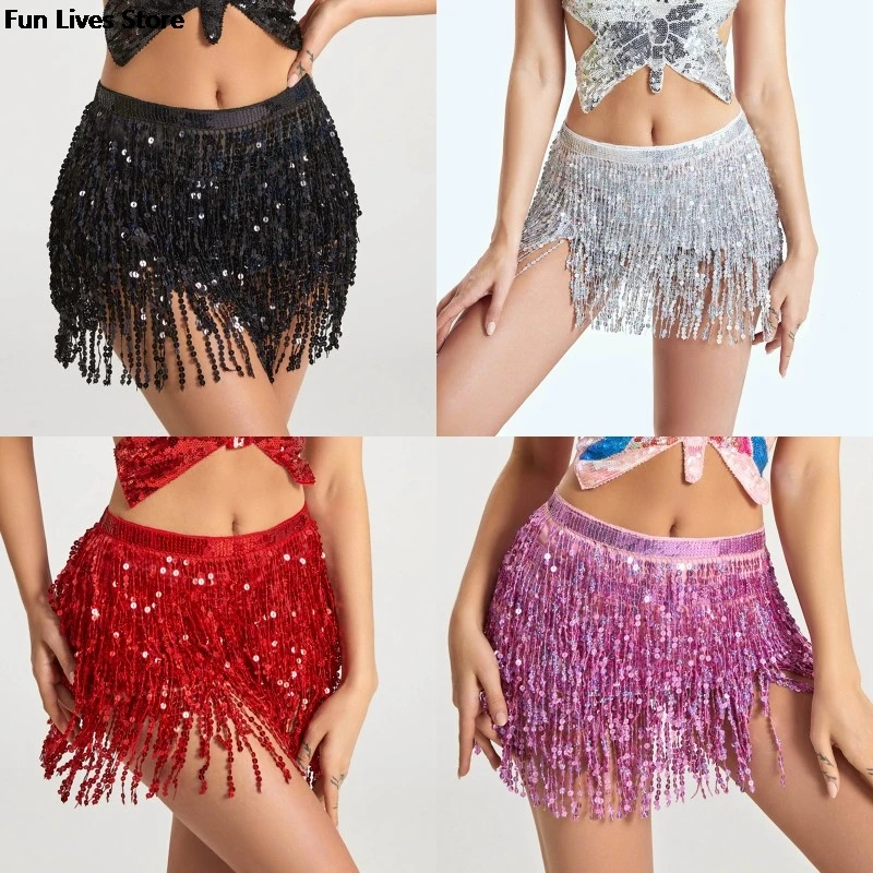 

Indian Belly Dance Skirt Women Performance Stage Sequin Coins Chains Belts Club Party Sexy Tassel Hip Skirts Bohemian Dresses