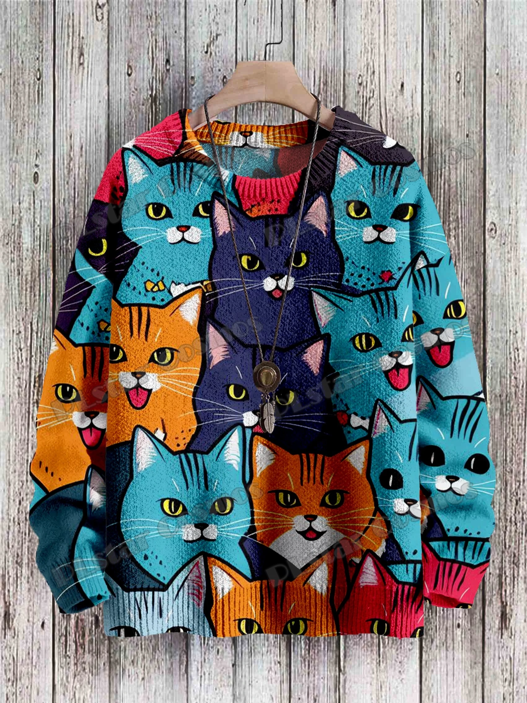 

Ретро кошачье дерево и красочный милый кот узор 3D печатный мужской вязаный пуловер зимний унисекс повседневный вязаный пуловер свитер ZZM54