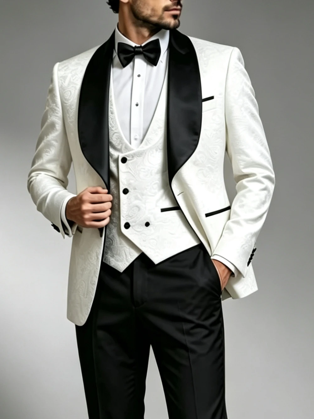 Men Formal Wear For Dinner - Men's 3 Piece White Jacquard Tuxedo