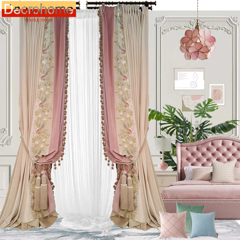 High-end European-style pink princess style embroidery patchwork living room curtains Curtains for Living dining room bedroom