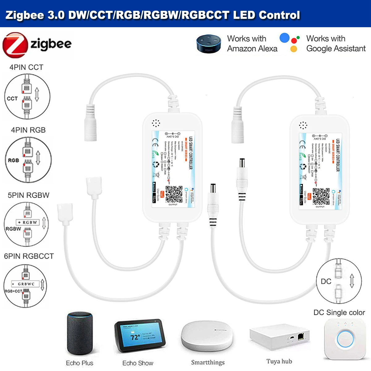 Tuya Zigbee3.0 Dual output LED Dimmer Controller DW/CCT/RGB/RGBCW LED Light Strip 5-24V Wireless Controller f Alexa Smartthings