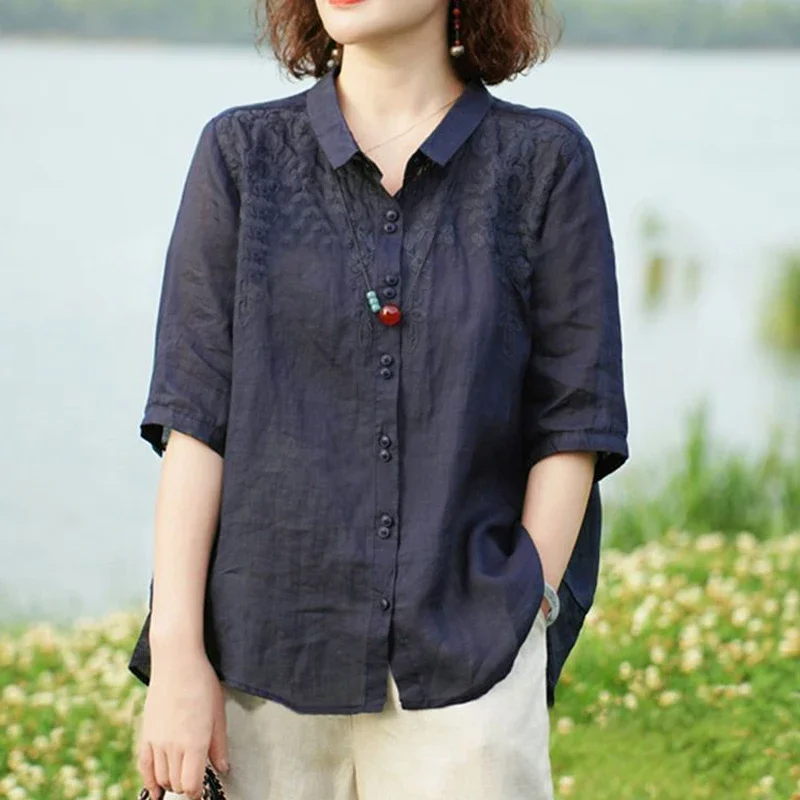 

Women Vintage Embroidery Cotton Linen Shirts Spring Summer Casual Thin Breathable Blouses Ladies Half Sleeve Solid Oversize Tops
