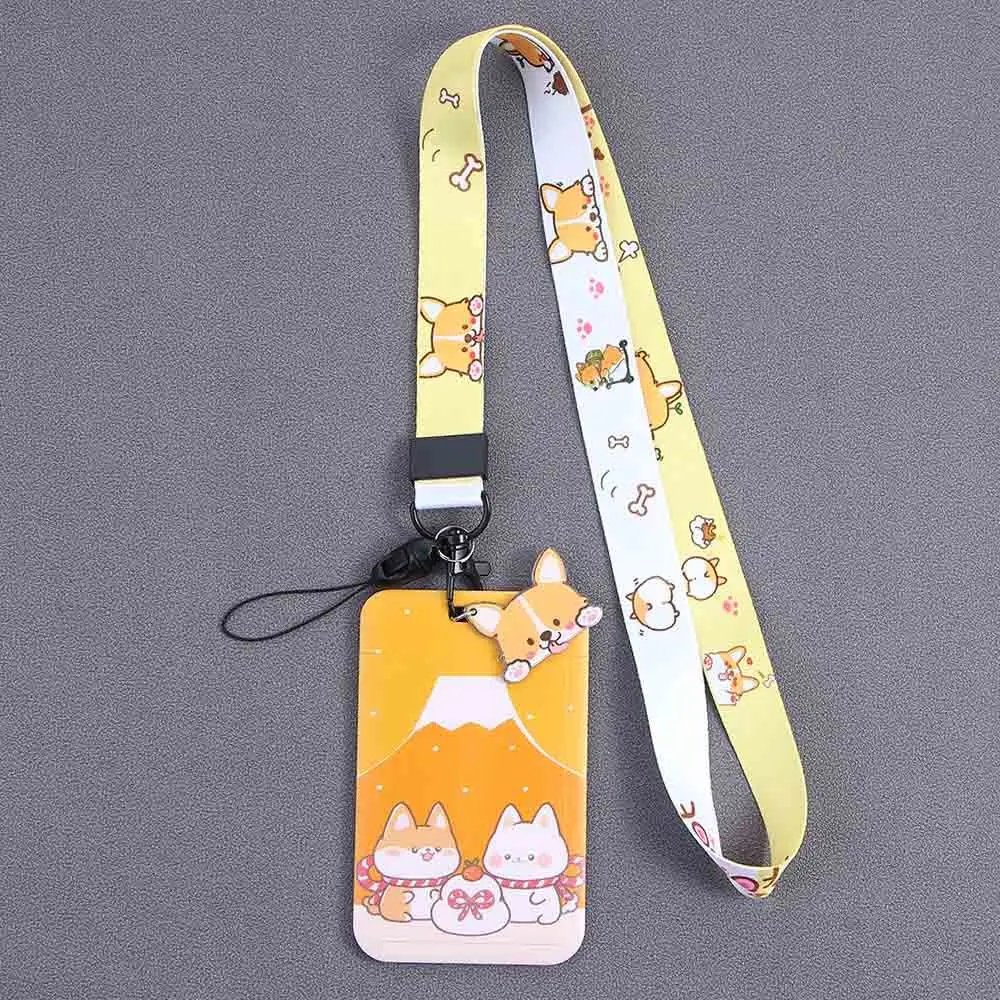 Gantungan kunci dengan Lanyard Shiba Inu, wadah kartu kredit, penutup penyimpanan kartu ID, kontrol akses kartu, wadah kartu kartun