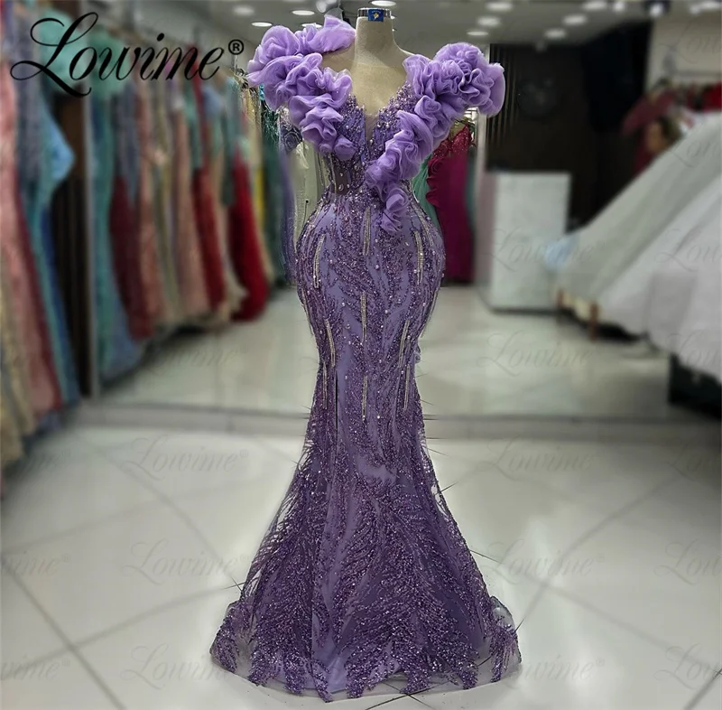 Aso Ebi Árabe Roxo Sereia Prom Dress, Brilhantes Lantejoulas De Cristal Vestidos De Noite, Babados Personalizados, Vestidos De Festa De Noivado, 2023