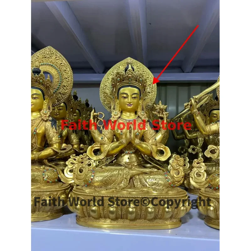 32CM large Tantric Buddhism COPPER gilding efficacious Exorcism Four armed Guanyin PUSA Buddha Buddhist Temple hall Worship