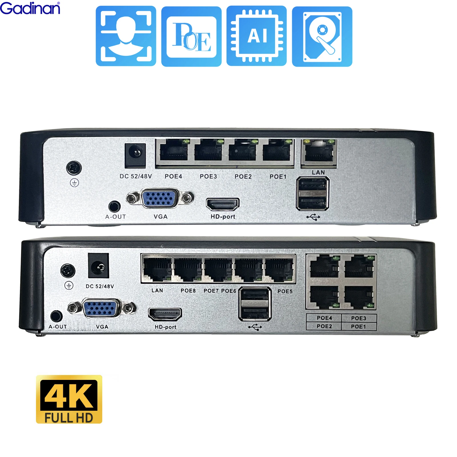 

Gadinan Face Detect H.265AI 8CH 4CH 4K 8MP 5MP POE NVR Audio Out For Security Surveillance Videcam Network Video Recorder XMeye