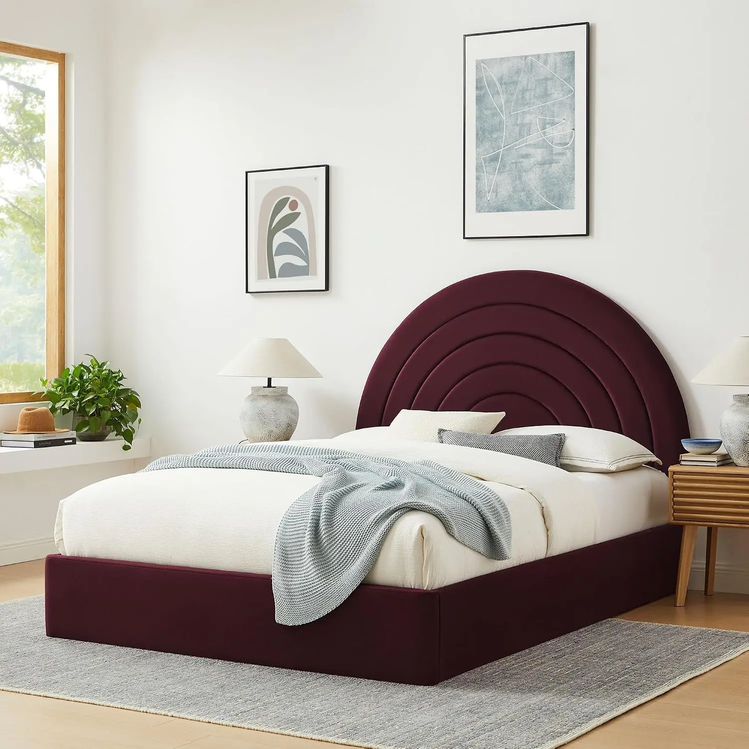 Velvet Platform Bed Queen Size Arch Padded Headboard Plinth Base Upholstered Bed Frame, Customized