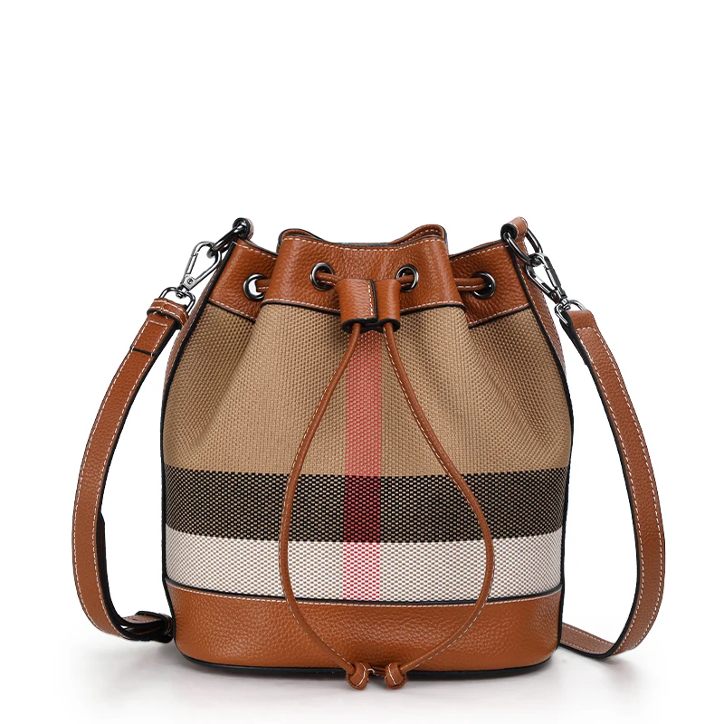 Aidrani Fashion Plaid Canvas with Cowhide Bucket Bag Classic Versatile One Shoulder Crossbody Bag