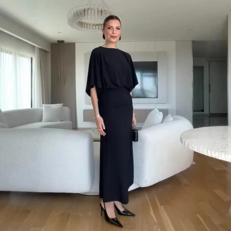 

2026 Spring Summer New Fashion Elegant Minimalist Round Neck Batwing Sleeve Loose Flowy Daily Dress Women