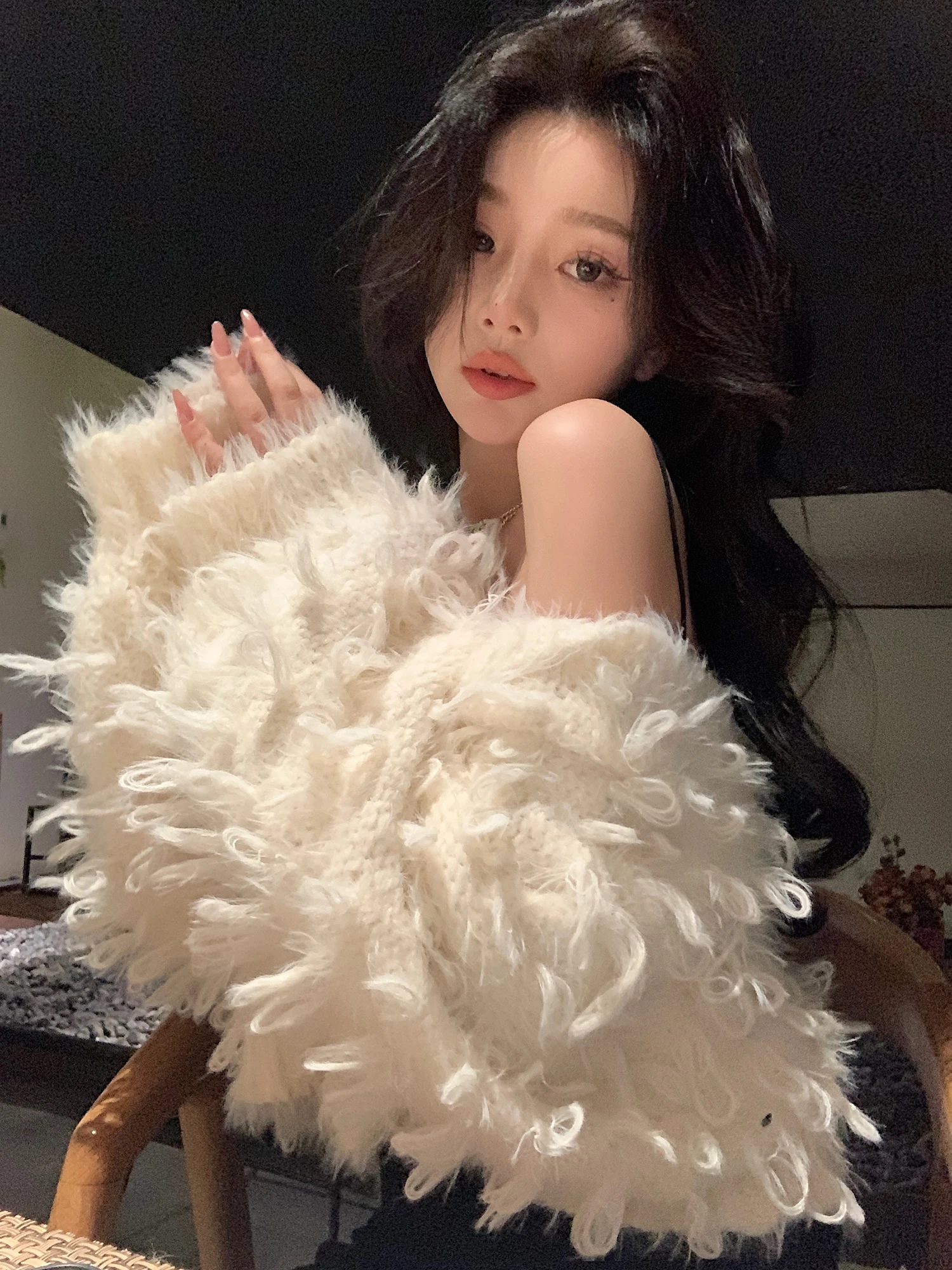 

Lilylikes Day White Swan Lady Sle Handmade Fringe Feather V-ne Knitted Open Cardigan Furry Outerwear Sweet Sle Straight...